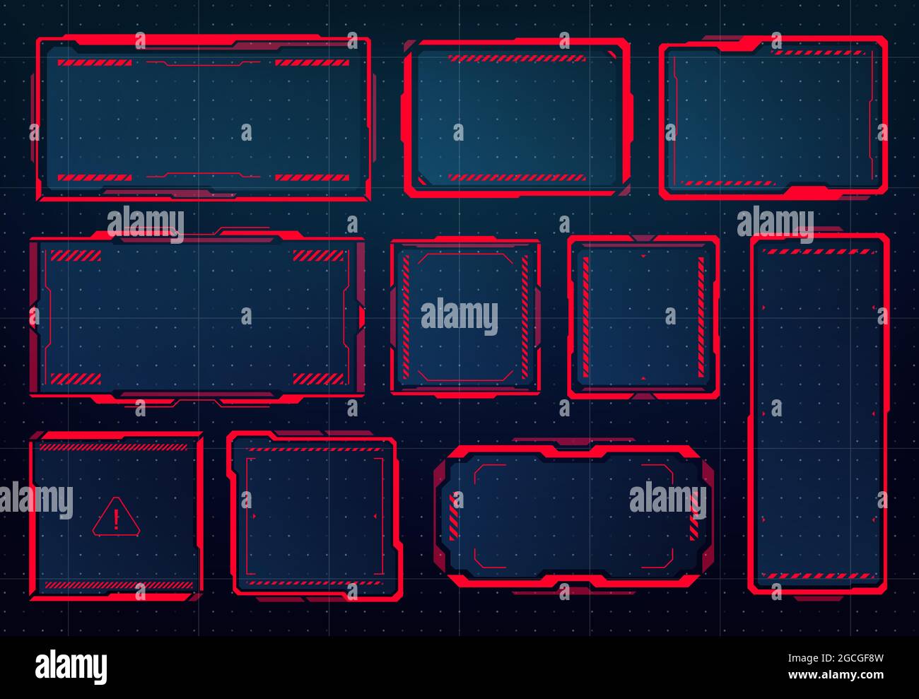 HUD danger, warning and alert attention red frames or signs, vector. HUD interface display screen with warning or high risk alert or access denied and Stock Vector