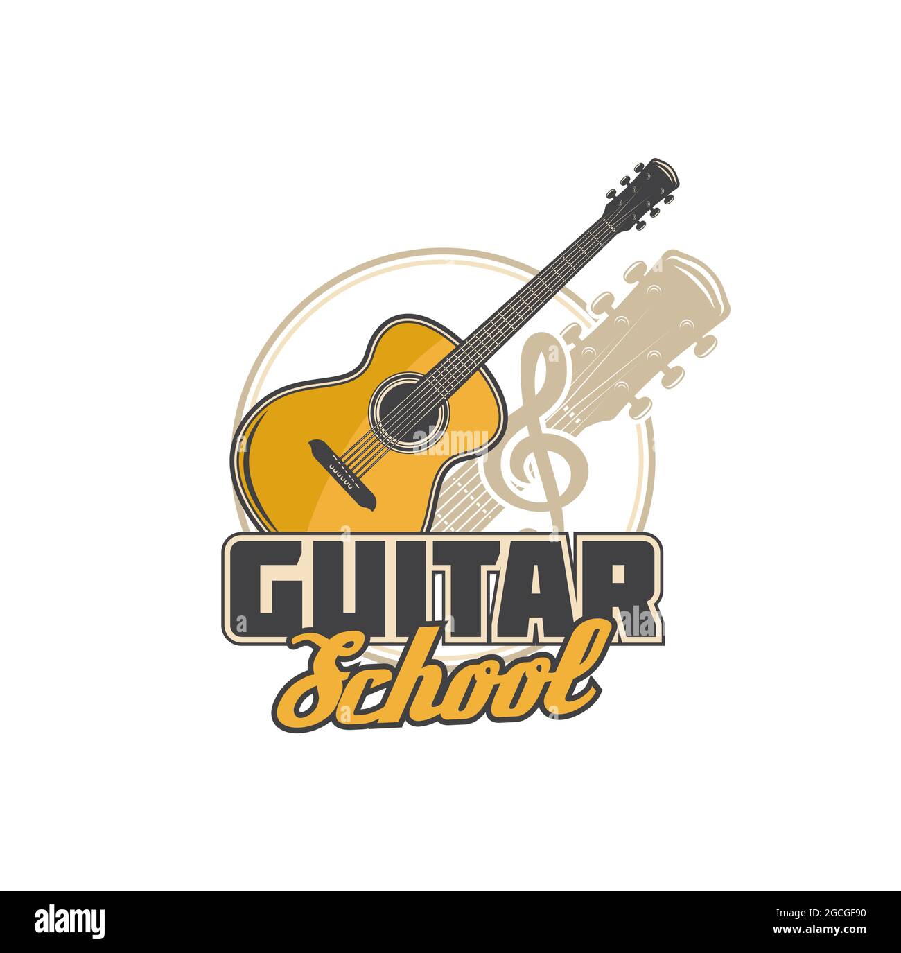 Guitar school icon, music academy and musician education vector symbol. Acoustic guitar play and music instruments school sign with guitar and clef no Stock Vector