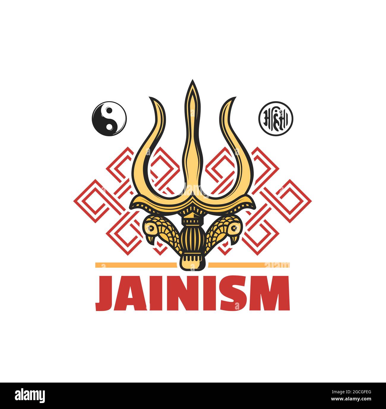 Jainism religion symbol isolated vector icon with Jain Dharma religious signs. Ahimsa, yin yang, endless knot or srivatsa and gold trident of Shiva Go Stock Vector