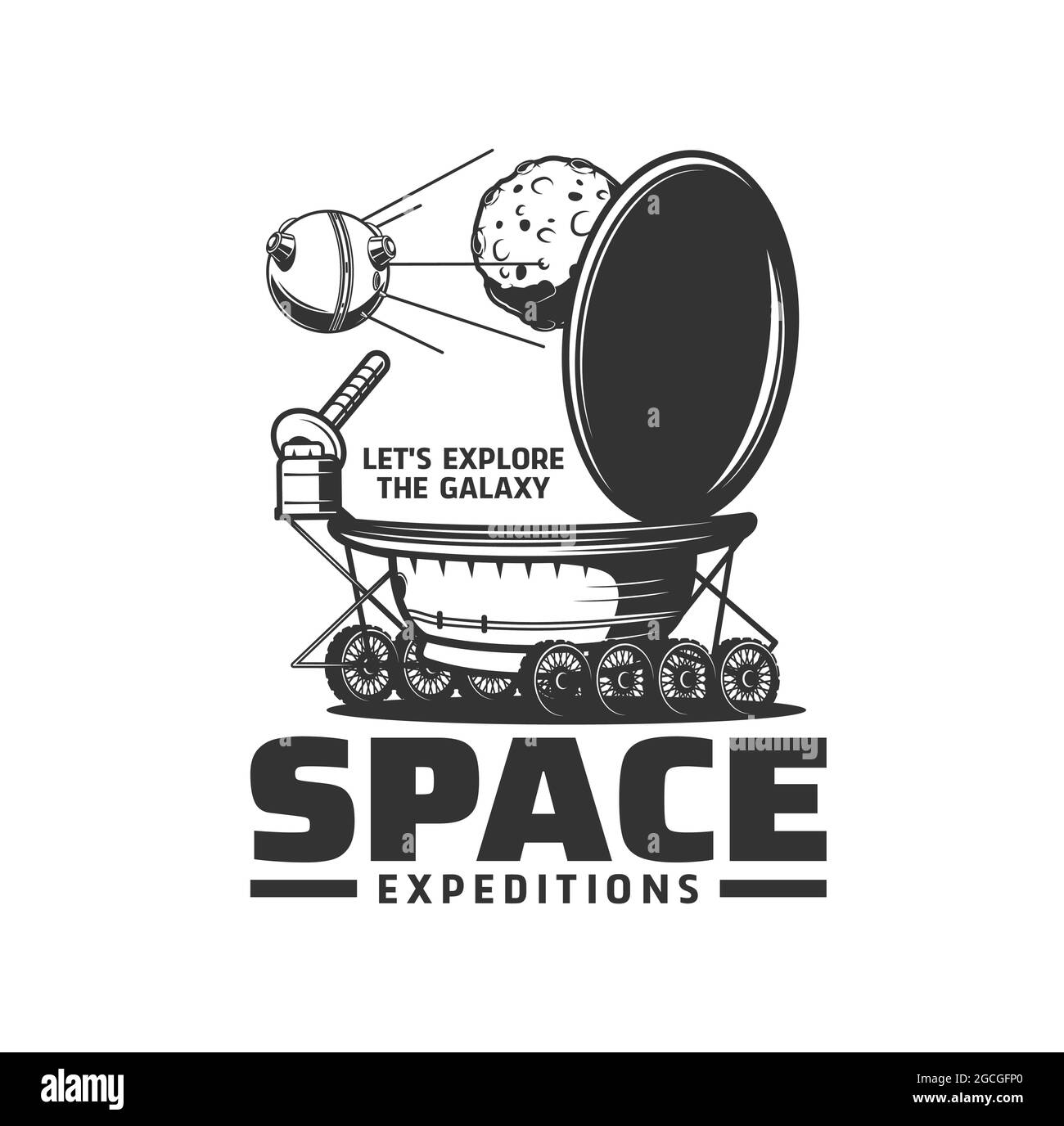 Space expedition isolated vector icon with galaxy universe Moon planet, lunar rover and satellite. Battery powered space exploration vehicle or roving Stock Vector