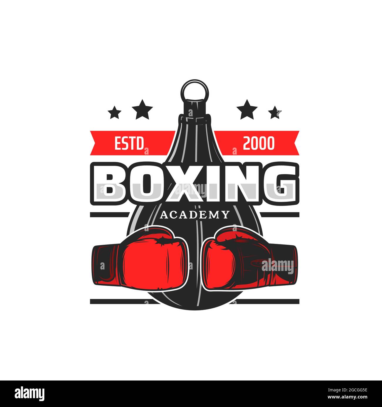 Boxing sport academy vector icon with gloves and speed punching bag of boxer sportsman, boxing ring ropes and stars. Sport education red black emblem Stock Vector