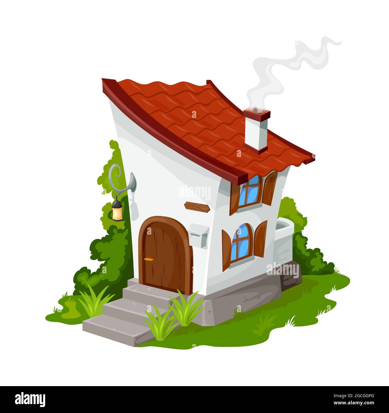 Cartoon fairytale elf or dwarf house, vector fantasy dwelling for fairy or gnome. Stone home with wooden door, red tiled sloping roof, shuttered windo Stock Vector