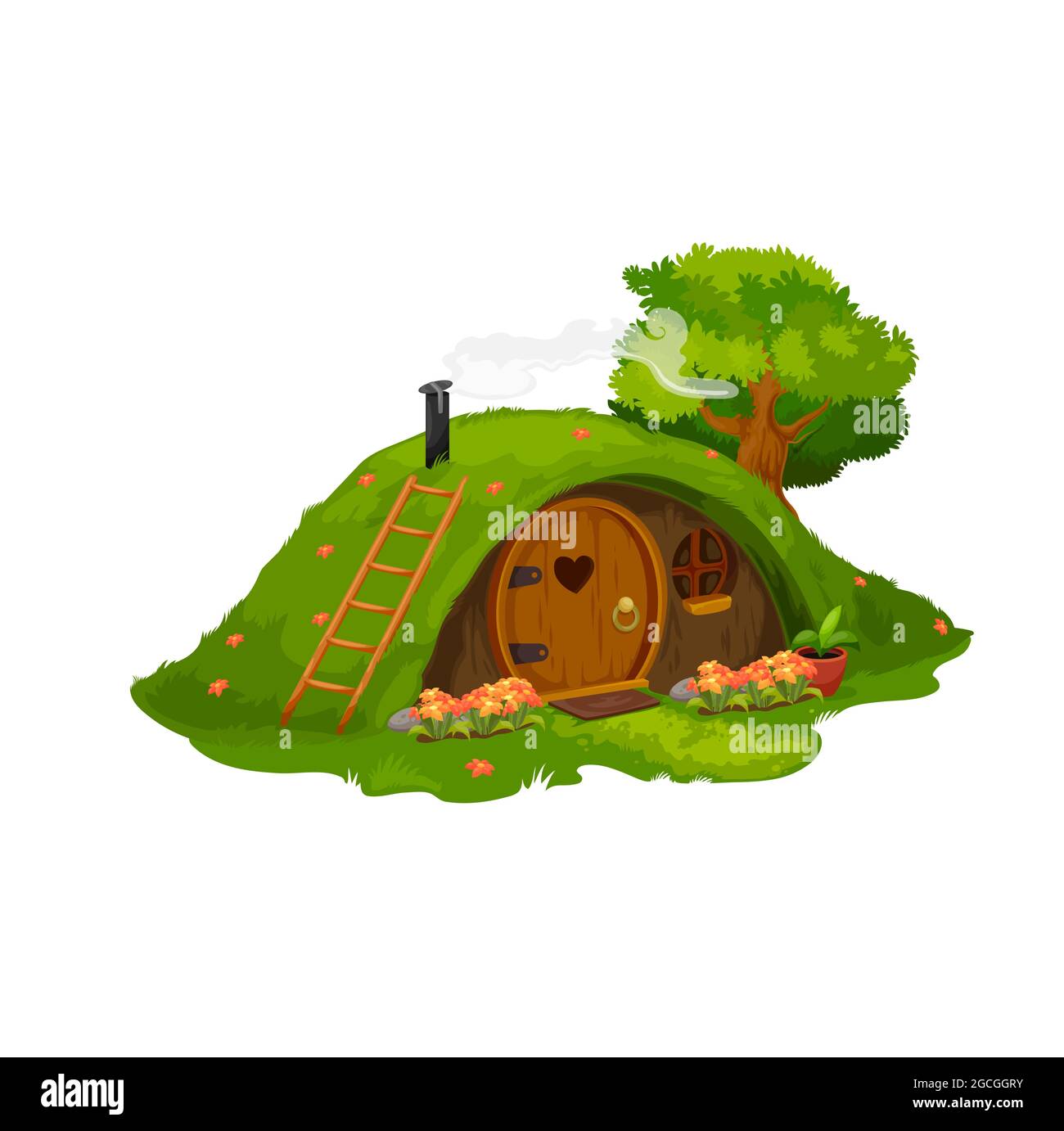 Fairytale hobbit or dwarf house, vector home under green hill. Fairy dwelling with round wooden door, flowers under window and steaming pipe. fantasy Stock Vector