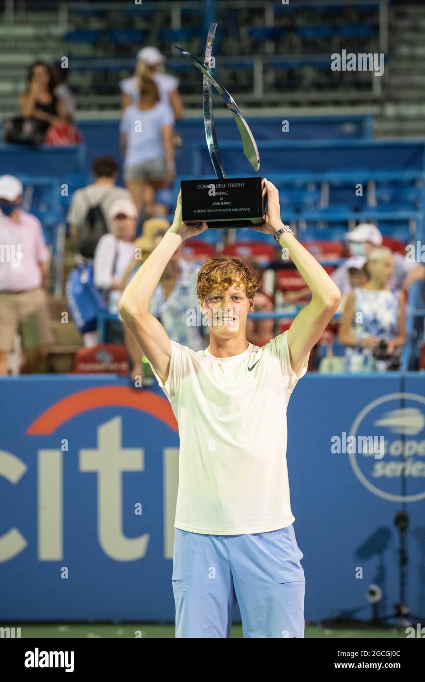 Washington, D.C, USA. 8th Aug, 2021. JANNIK SINNER holds the the Citi Open  championship trophy. (Credit Image: © Kyle Gustafson/ZUMA Press Wire)  Credit: ZUMA Press, Inc./Alamy Live News Stock Photo - Alamy