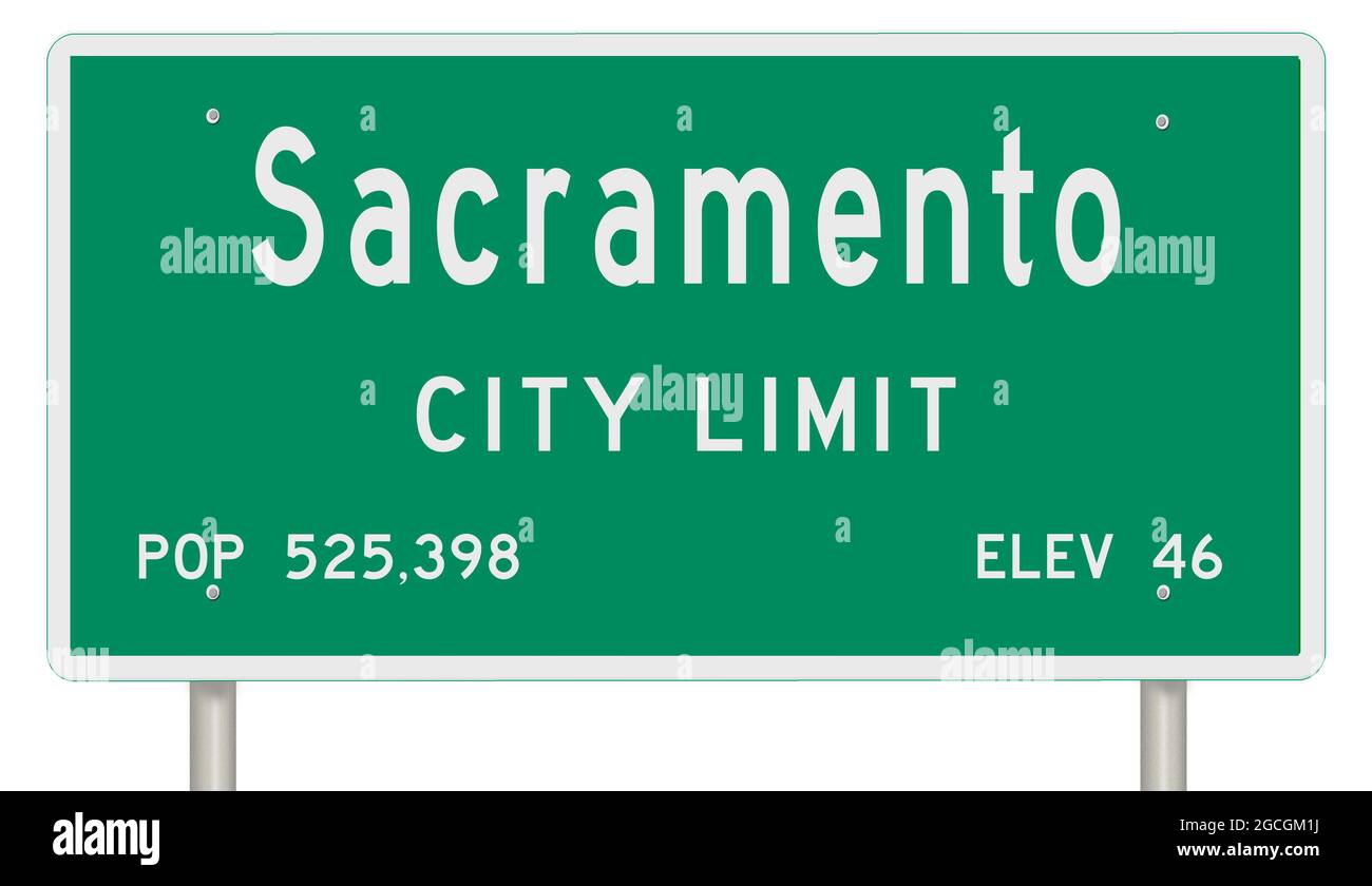 Rendering of a green California highway sign with city information Stock Photo