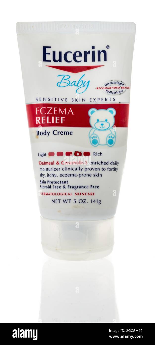 Winneconne, WI -8 August 2021:  A package of Eucerin baby eczema relief body creme on an isolated background Stock Photo