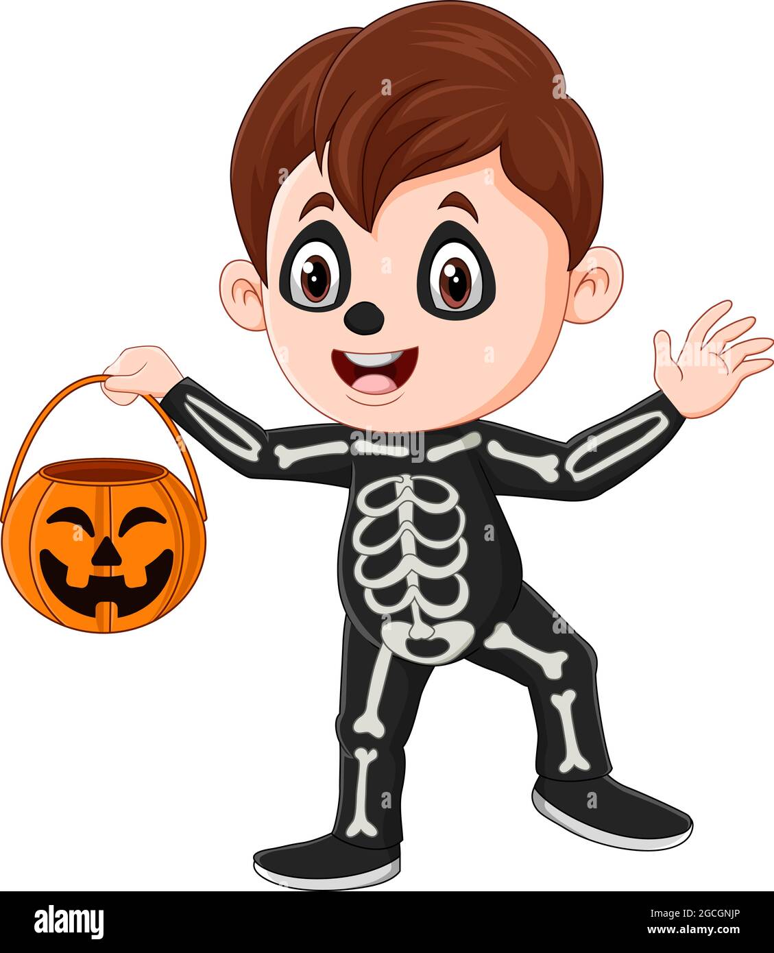 Cartoon boy wearing halloween skeleton costume holding pumpkin basket Stock  Vector Image & Art - Alamy