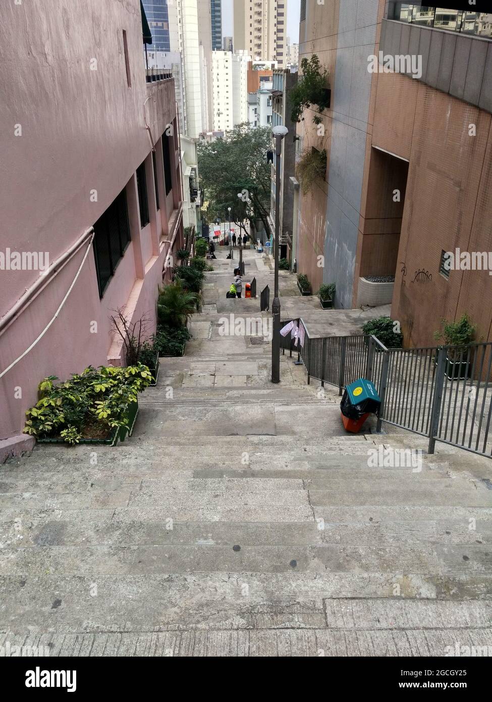 Giant long stairs in Sheung Wan leading down a mountain into the heart of the massive city. Plants and trash cans line the sides. Stock Photo