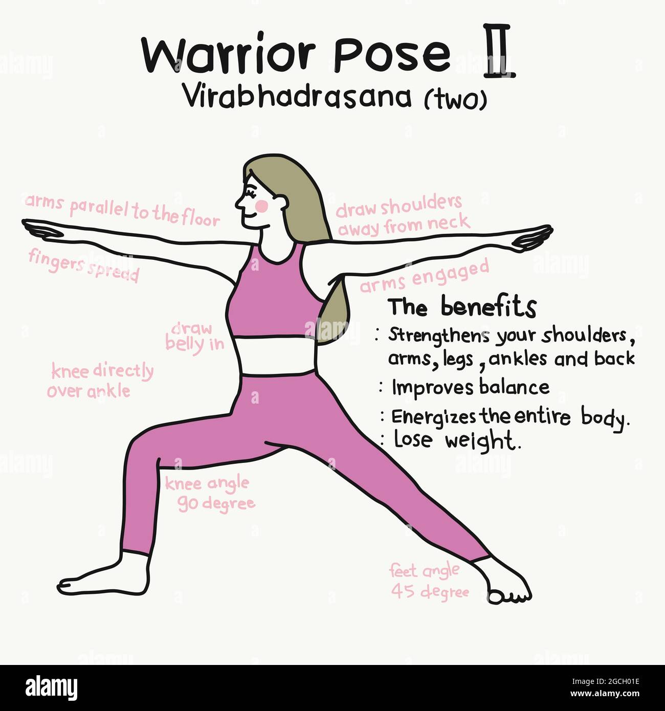 Warrior I yoga pose and benefits cartoon vector illustration Stock Vector  Image & Art - Alamy