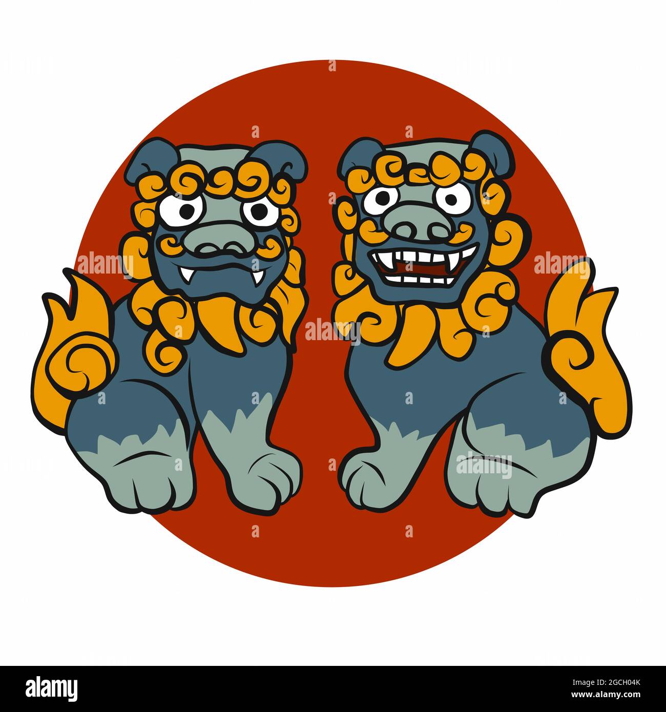Japanese Lion couple cartoon vector illustration Stock Vector