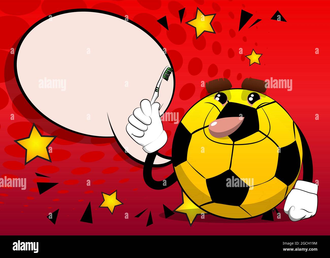 Soccer ball holding toothbrush. Traditional football ball as a cartoon ...