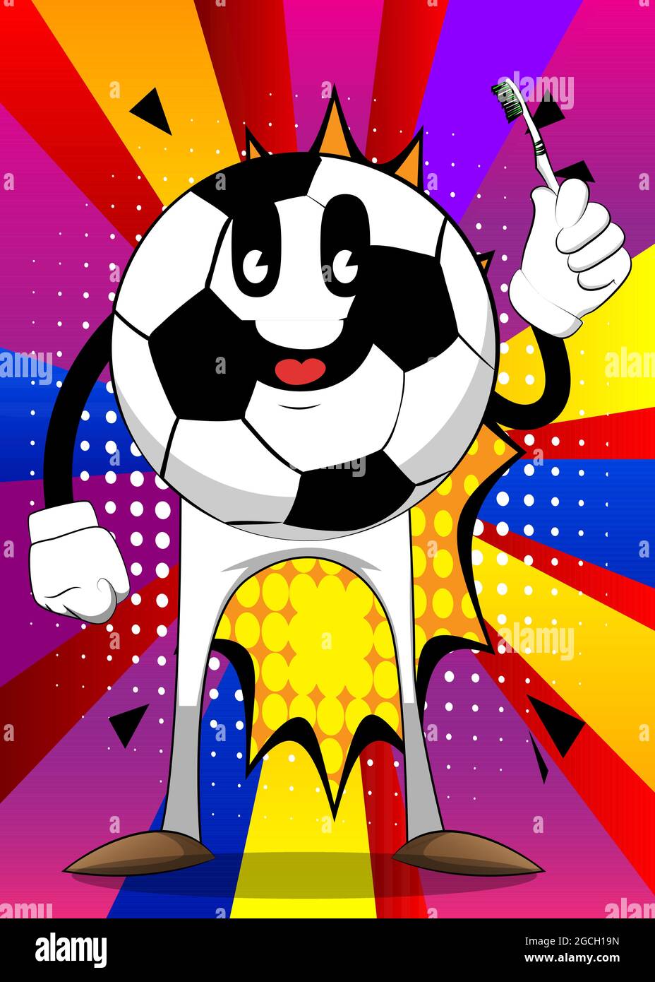 Soccer ball holding toothbrush. Traditional football ball as a cartoon ...