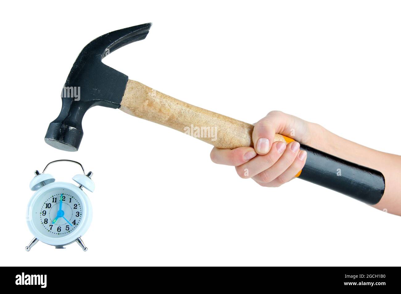 Hammer in hand and alarm clock isolated on white Stock Photo Alamy