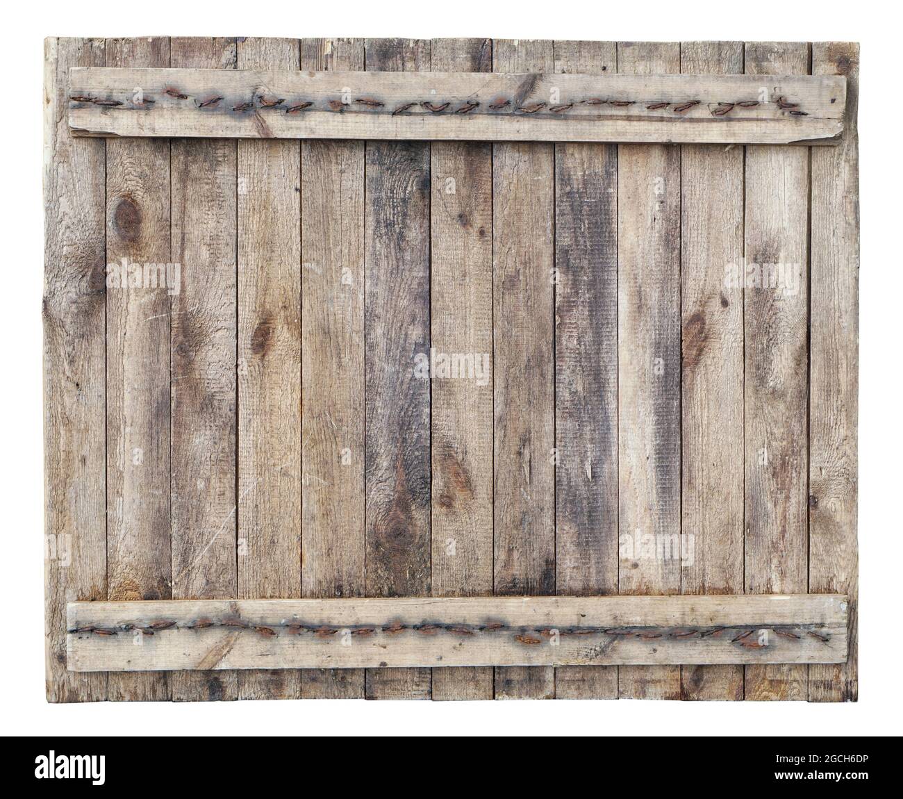 Wooden board made from pine planks fastened with iron nails  isolated Stock Photo