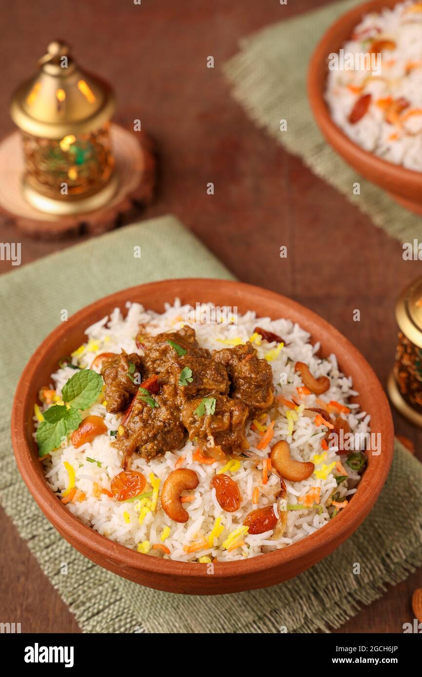 Mutton Gosht Biryani Spicy Indian Malabar lamb meat biryani Hyderabadi biryani, Dum Biriyani