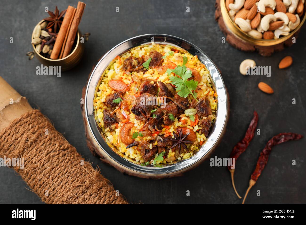 Mutton Gosht Biryani Spicy Indian Malabar lamb meat biryani Hyderabadi