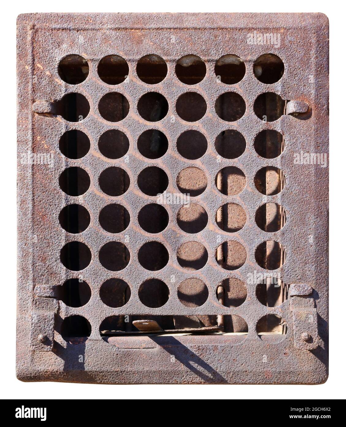 Old rusty rustic barn ventilation grill. Isolated on white Stock Photo