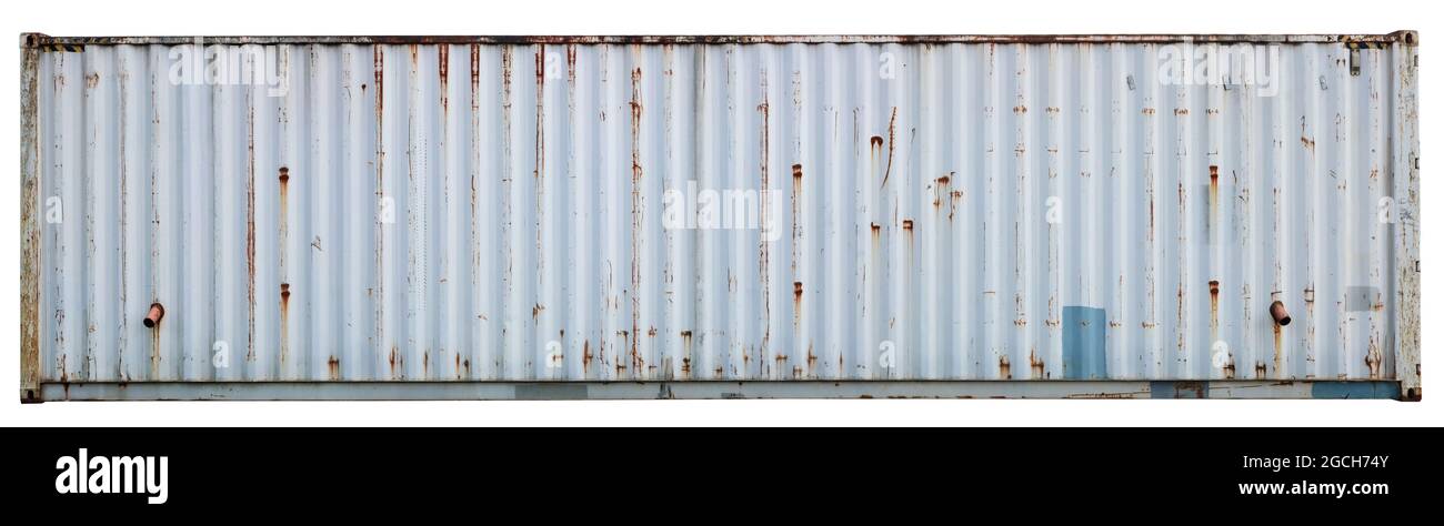 Wall of a steel gray old rusty sea cargo container. Isolated with patch Stock Photo