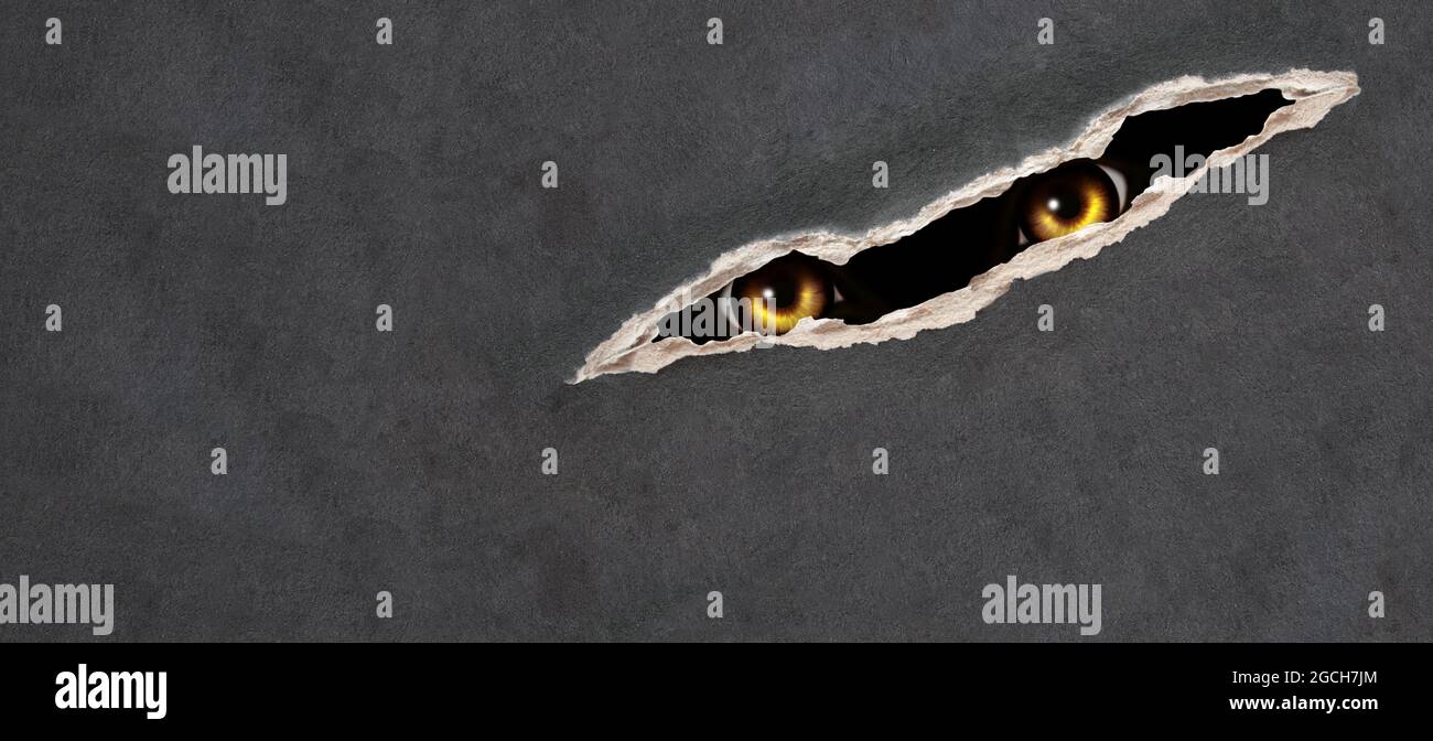 Horizontal Halloween background. A look from darkness. Yellow eye of the monster looks through the hole in paper. Mock up template.  Copy space for te Stock Photo