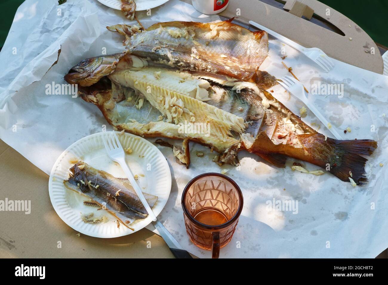 The process of eating fish hot smoked trout. Outdoor shot Stock Photo