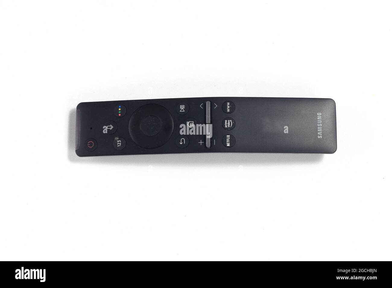 13 July 2021, Samsung Black Smart TV Remote Control, with Netflix and Prime Video Button , East Jakarta, Indonesia Photo Studio Indoor Stock Photo