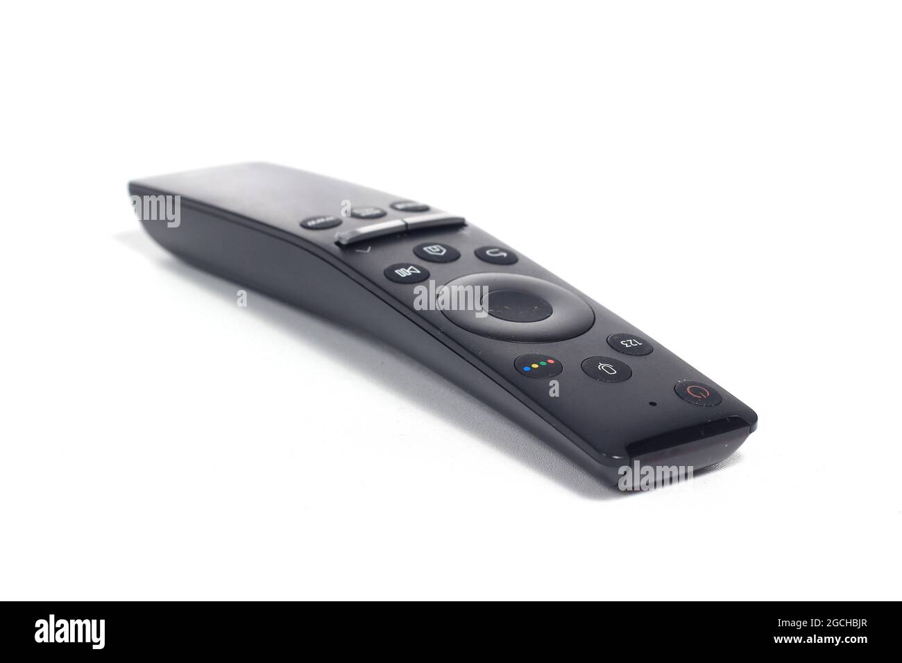 Close Up Black Smart TV Remote Control at white background Stock Photo