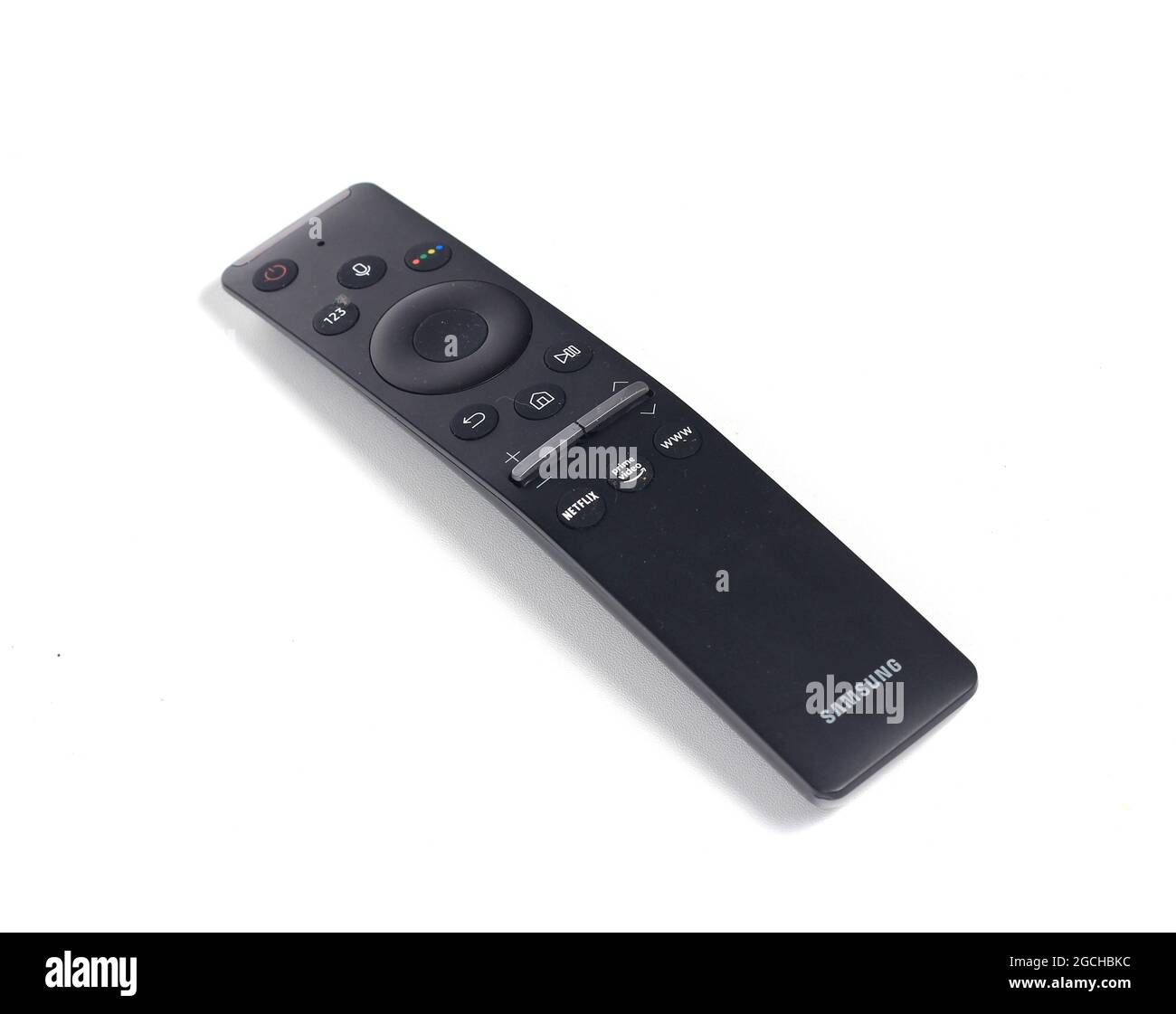 13 July 2021, Samsung Black Smart TV Remote Control, with Netflix and Prime Video Button , East Jakarta, Indonesia Photo Studio Indoor Stock Photo