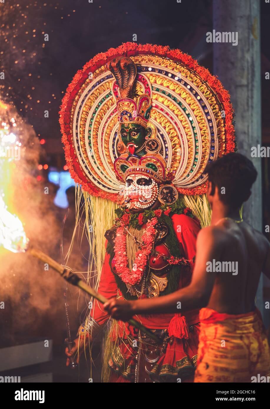 Mudiyettu is a traditional ritual theatre and folk dance drama from Kerala that enacts the mythological tale of a battle between the Kali and Darika Stock Photo