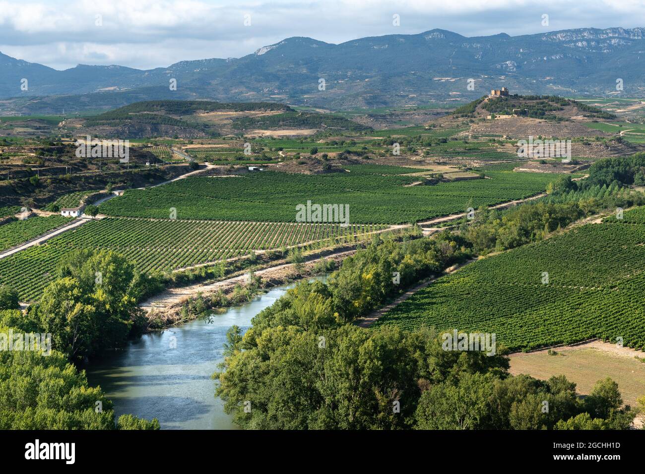 Ebro river with Davalillo castle as background, La Rioja, Spain Stock Photo