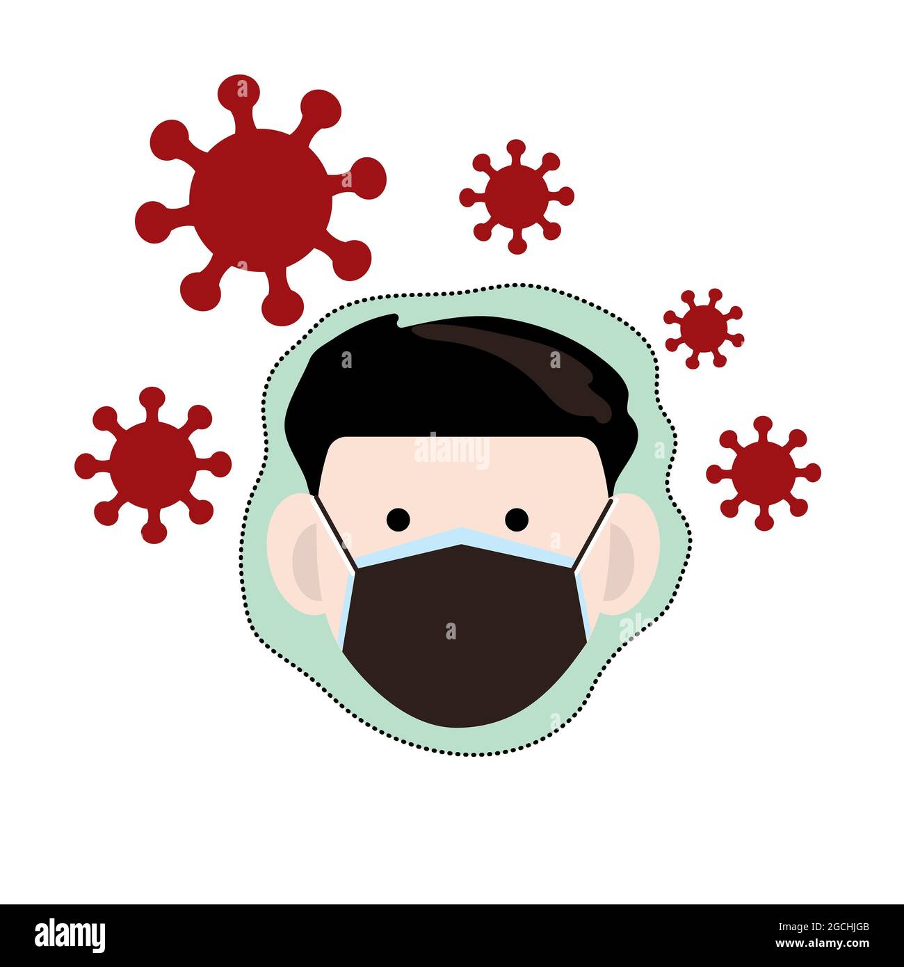 Cartoon head of a man wearing double medical masks with barrier power to protect virus around him, the corona or covid virus flying in the air. Concep Stock Photo