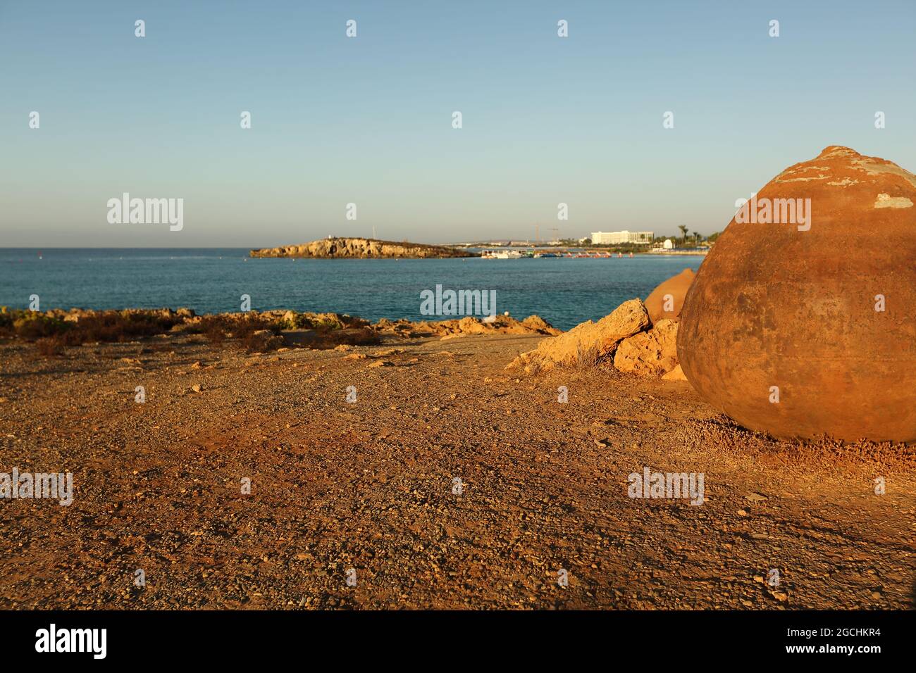 Beautiful early morning view with sandy beach in Aya Napa, Cyprus, landscape, nature, vacation. Stock Photo