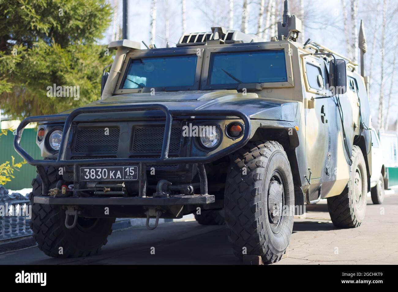 GAZ-2330 Tigr Light armoured vehicle seen during the military exercise. In Elektrostal, a practical lesson was held with servicemen and employees of special forces of the Central District of the Russian Guard. Stock Photo