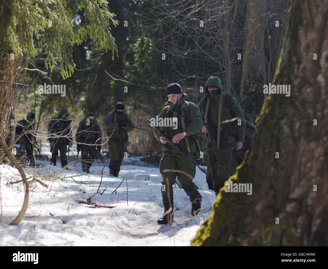 Spetsnaz forces seen in a forest during the military exercise.In Elektrostal, a practical lesson was held with servicemen and employees of special forces of the Central District of the Russian Guard. Stock Photo