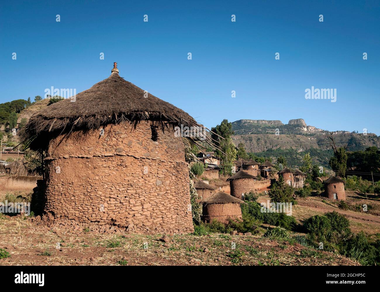 view of traditional circular ethiopian tukul houses in hadish adi village of lalibela ethiopia