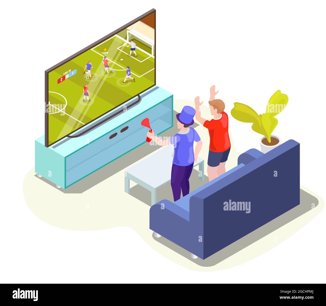 Fans watching soccer match translation on tv at home, vector isometric illustration