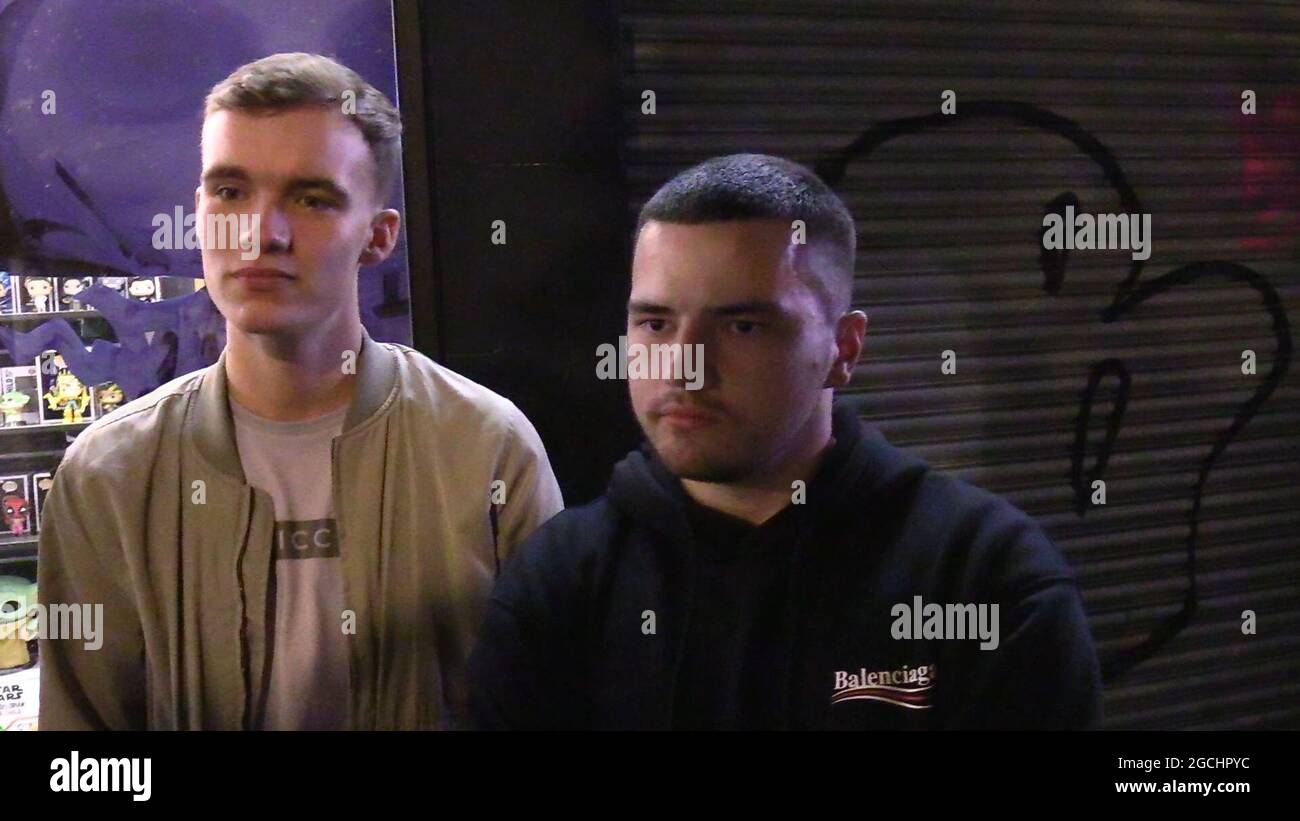 Mark Grant, 19, and Johnny Matthew, 21, who were among those waiting to get  back into the Savoy nightclub in Glasgow. Picture date: Monday August 9,  2021 Stock Photo - Alamy