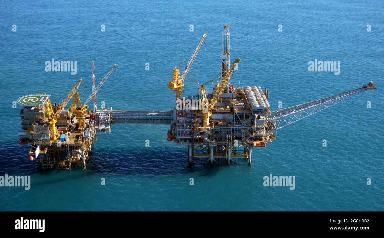 aerial of Marlin A and B platforms in Bass Strait Australia Stock Photo