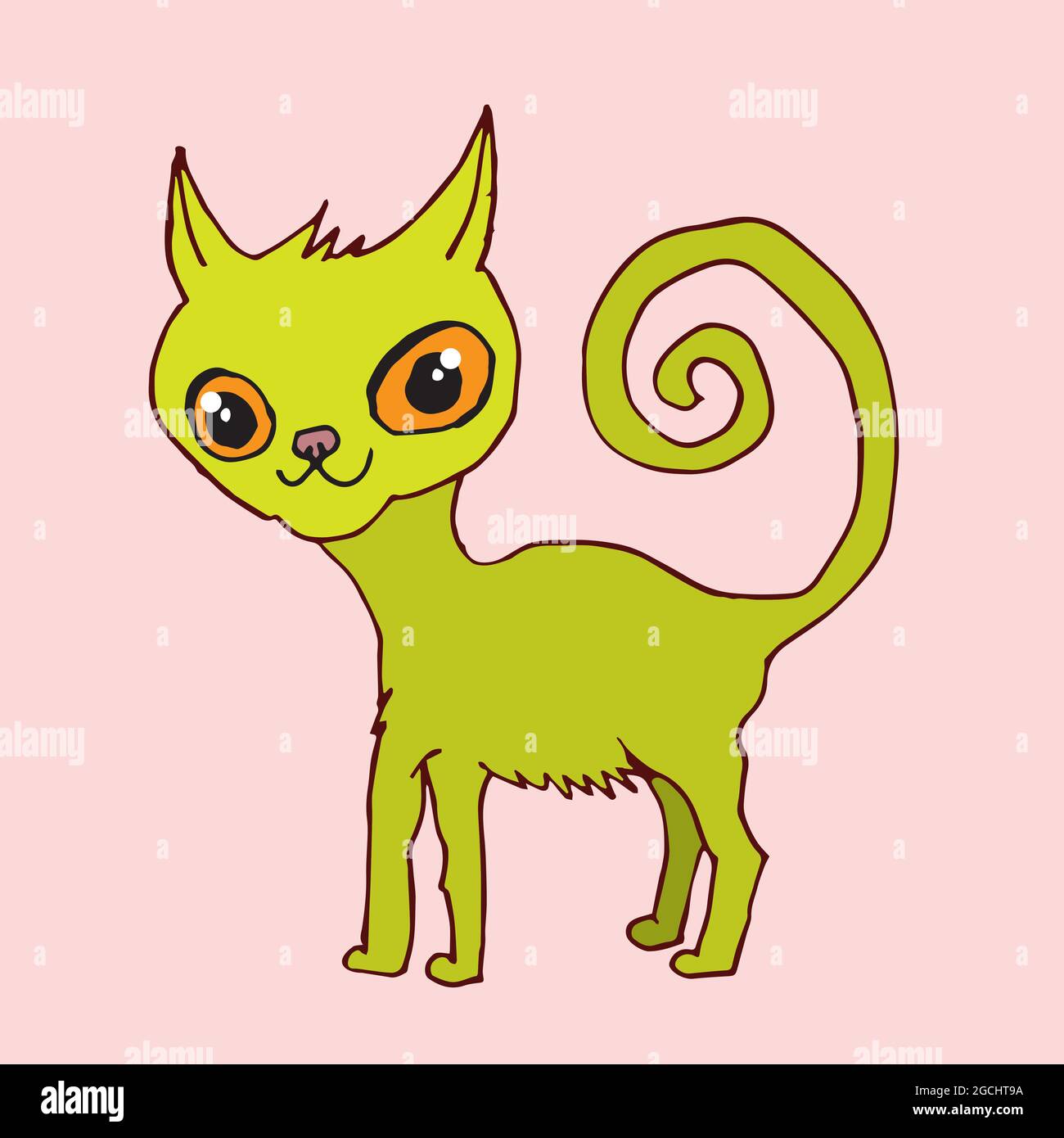 An illustration of a funny green cat. He has big orange eyes and a curly tail. Stock Vector