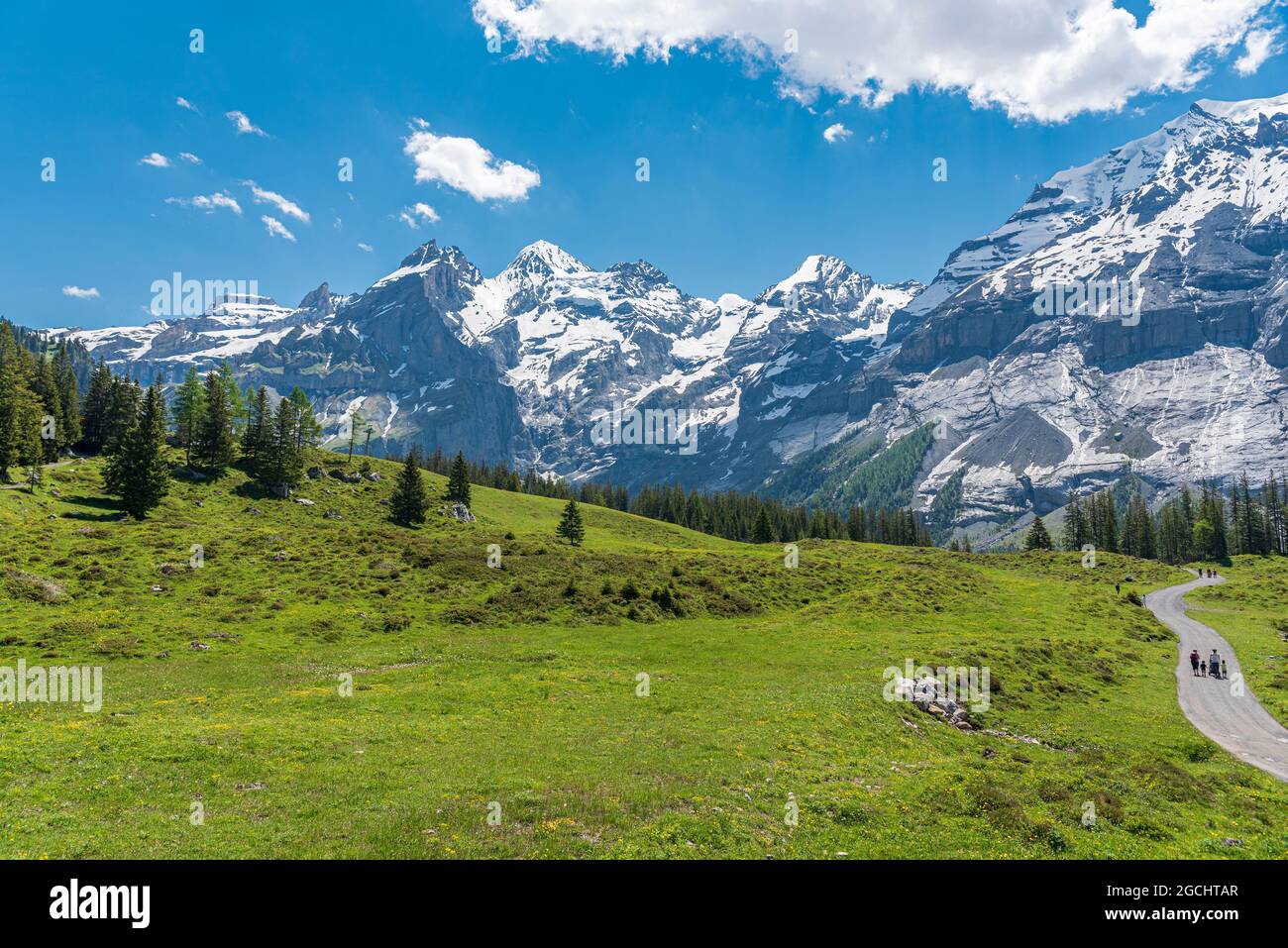 geography / travel, Switzerland, landscape with Blueemlisalp near Oeschinen Lake (Oeschinensee), ADDITIONAL-RIGHTS-CLEARANCE-INFO-NOT-AVAILABLE Stock Photo