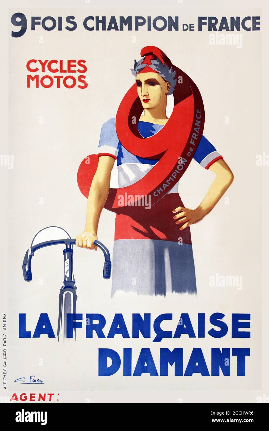9 fois champion de France – Cycles Motos. La Francaise Diamant. Tour De France. Bicycle poster. Old and vintage. Digitally enhanced. Artist: Favre. Stock Photo