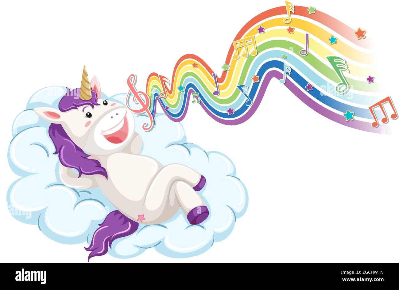 Unicorn laying on the cloud with melody symbols on rainbow wave ...