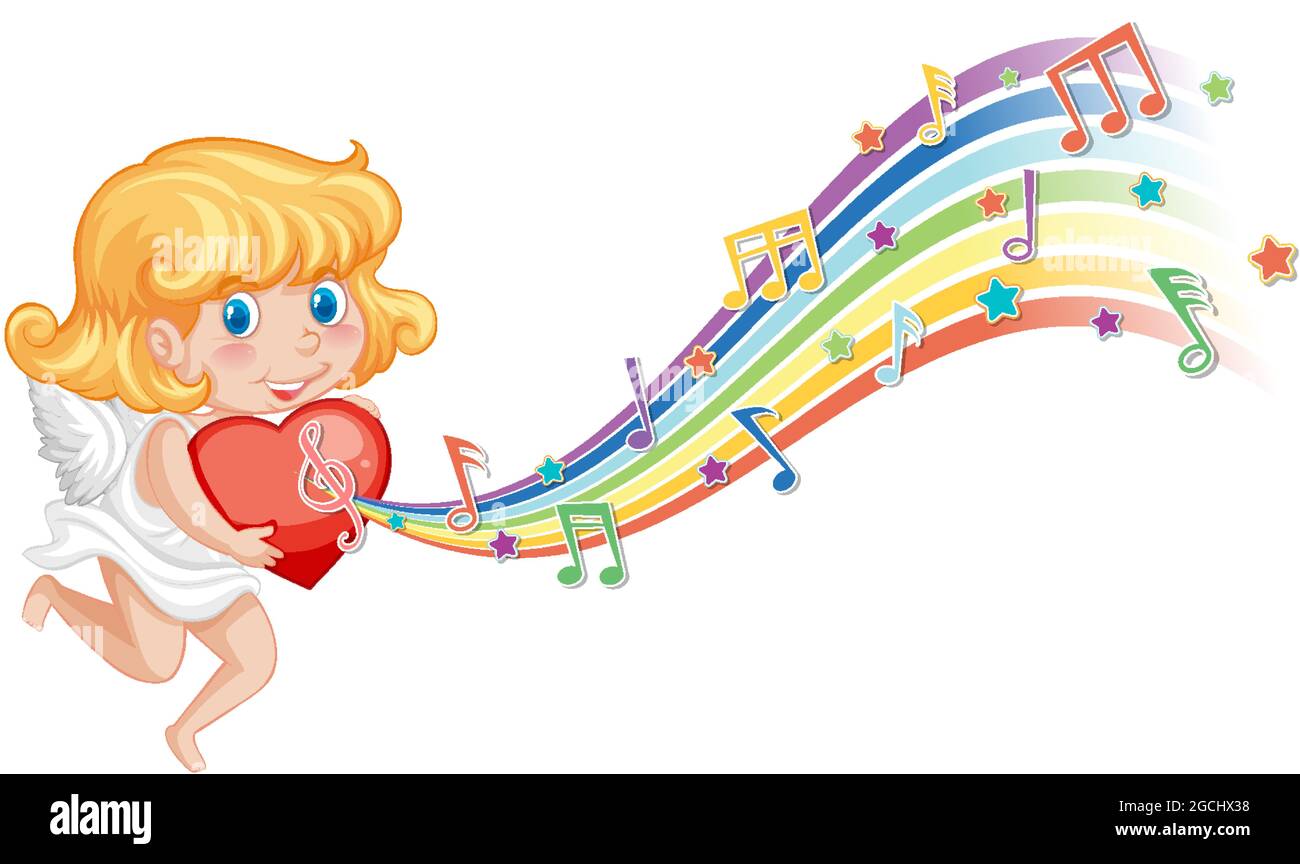 Cupid girl holding heart with melody symbols on rainbow illustration ...