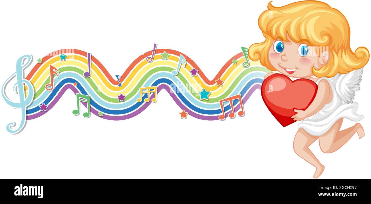Cupid girl holding heart with melody symbols on rainbow wave ...
