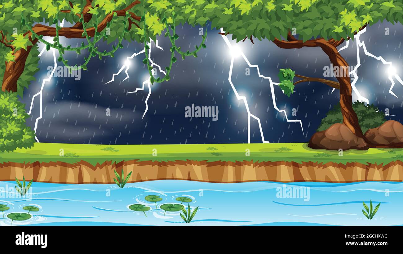 Forest scene with lightning and raining at night illustration Stock ...