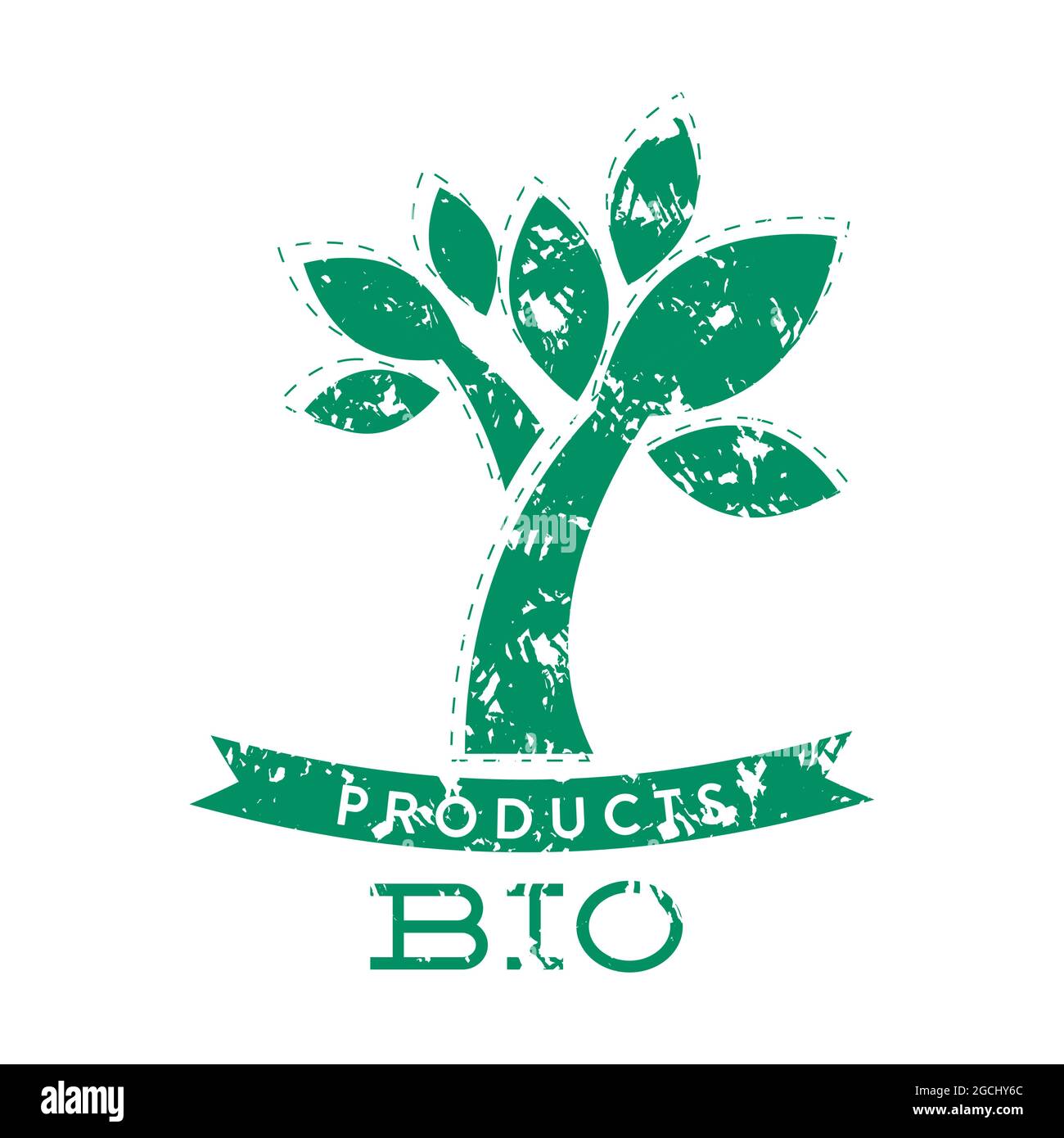 Bio product stamp with green tree and ribbon. Bio natural product badge label stamp, organic food and cosmetic. Vector illustration Stock Vector