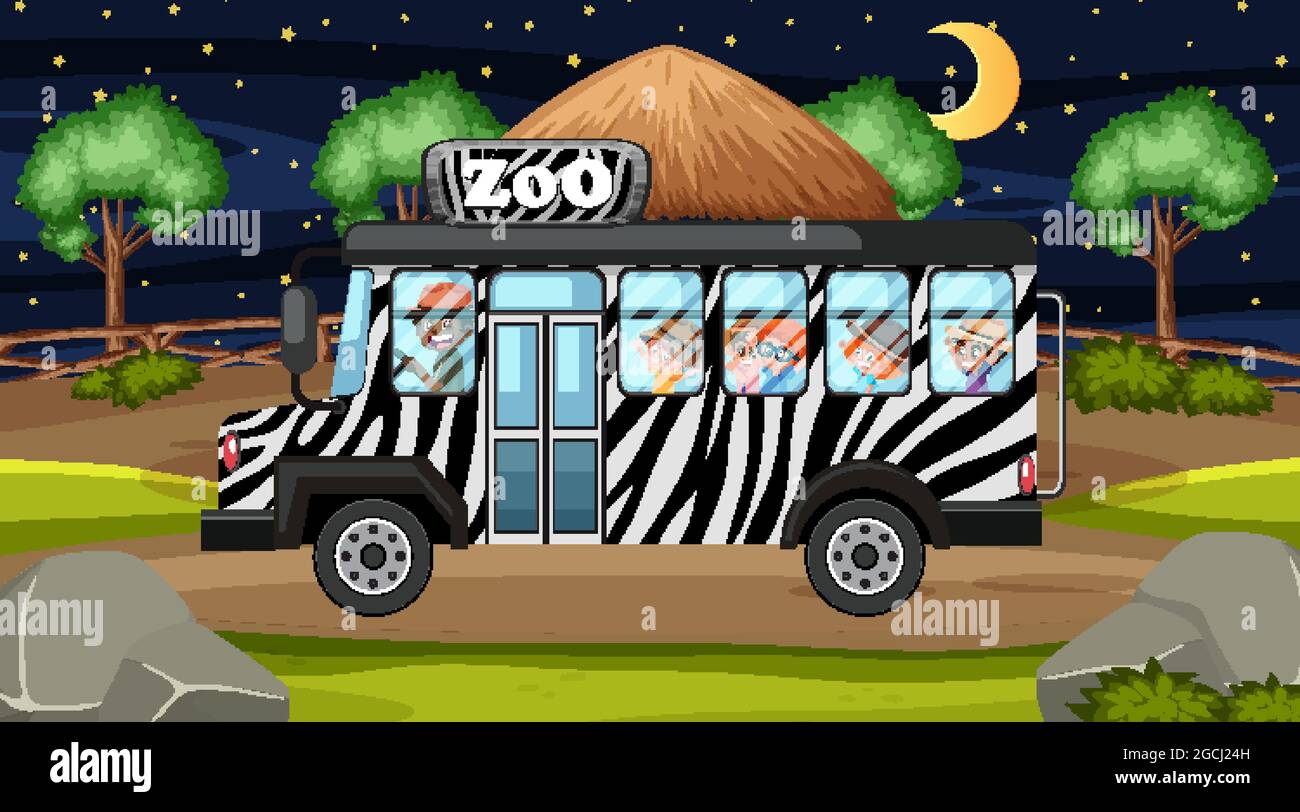 Safari at night scene with many kids in a bus illustration Stock Vector  Image & Art - Alamy