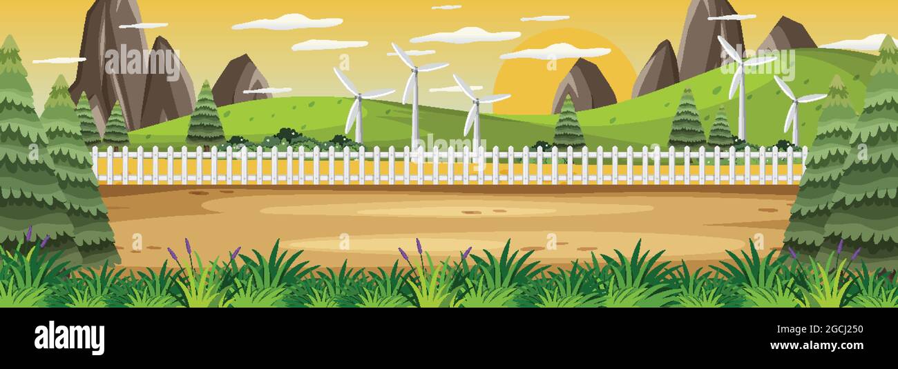 Panorama landscape scene at sunset time with many trees illustration ...