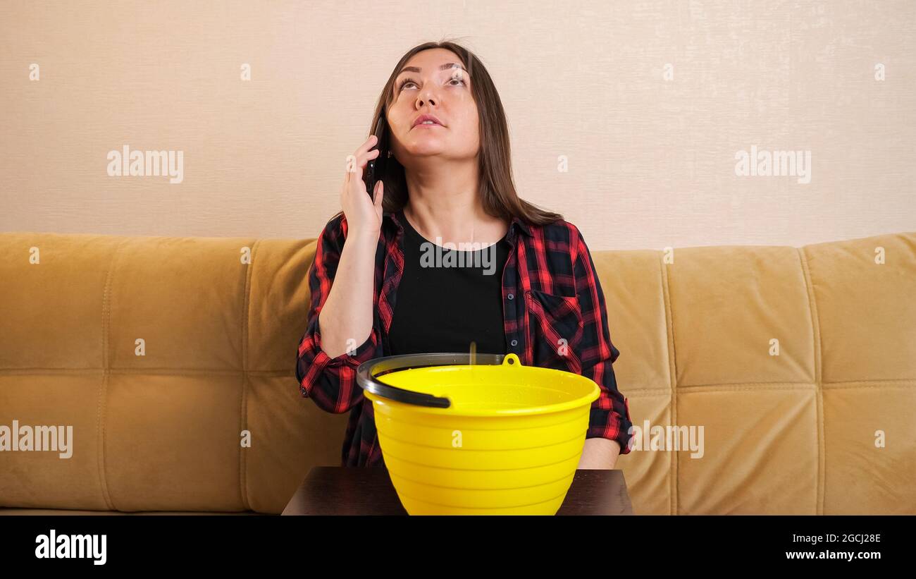Lady calls plumber collecting water into bucket on sofa Stock Photo Alamy