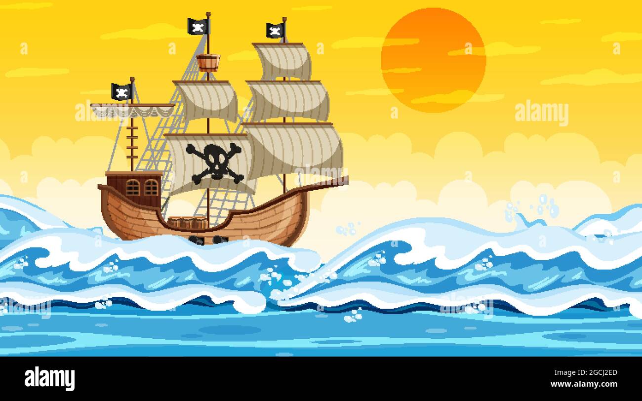 Ocean scene at sunset time with Pirate ship in cartoon style ...