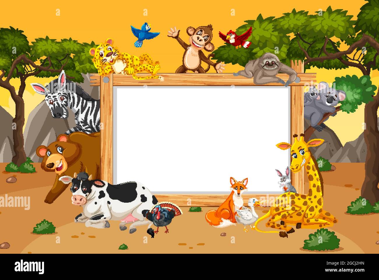 Empty wooden frame with various wild animals in the forest illustration ...